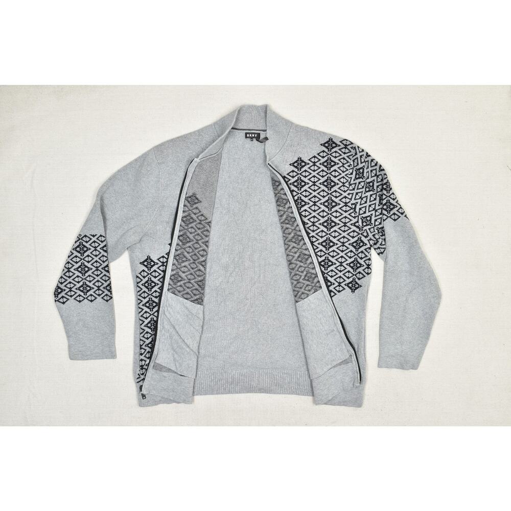 Dkny Light Gray Crewneck Zip Sweater with Black Geometric Pattern